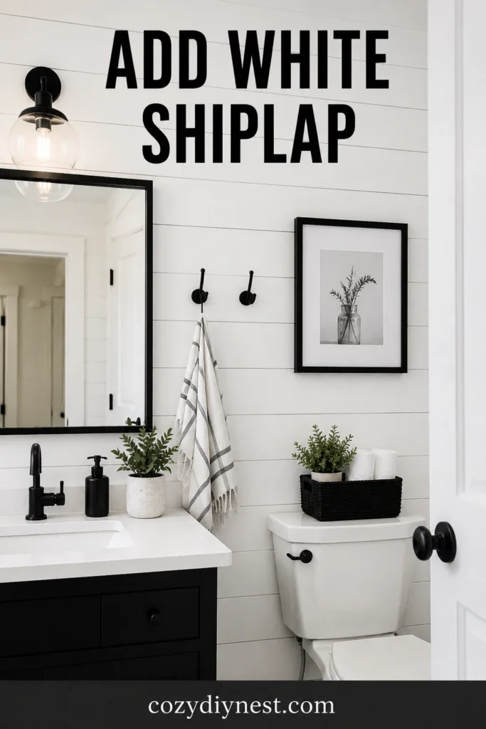 black and white bathroom ideas with white shiplap and black accents