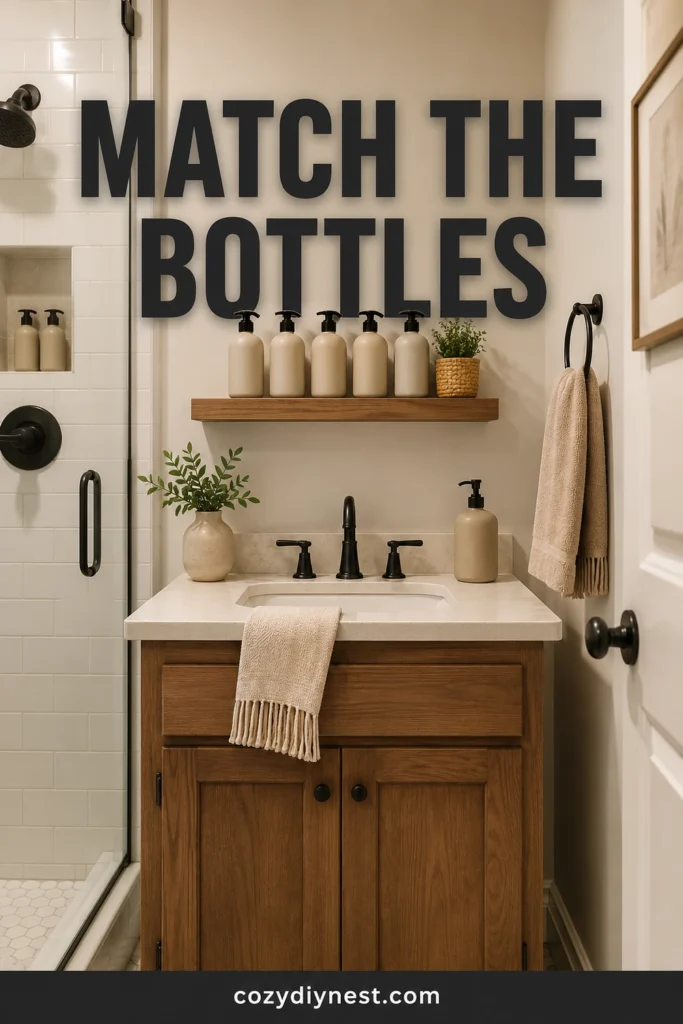 tiny bathroom ideas with matching bottles for visible products