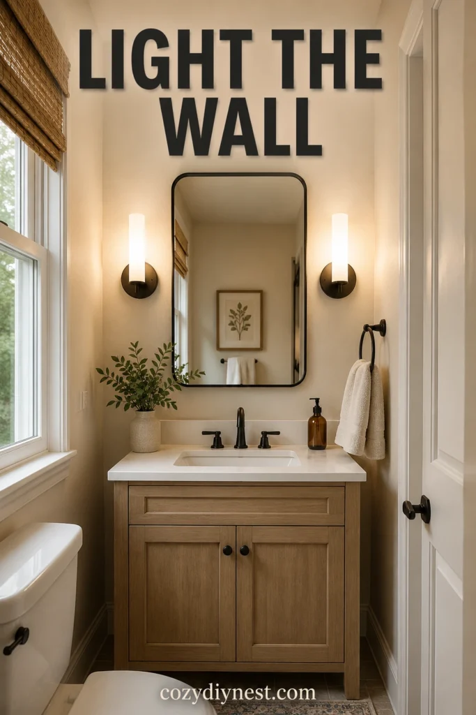 tiny bathroom ideas with wall mounted lighting near mirror