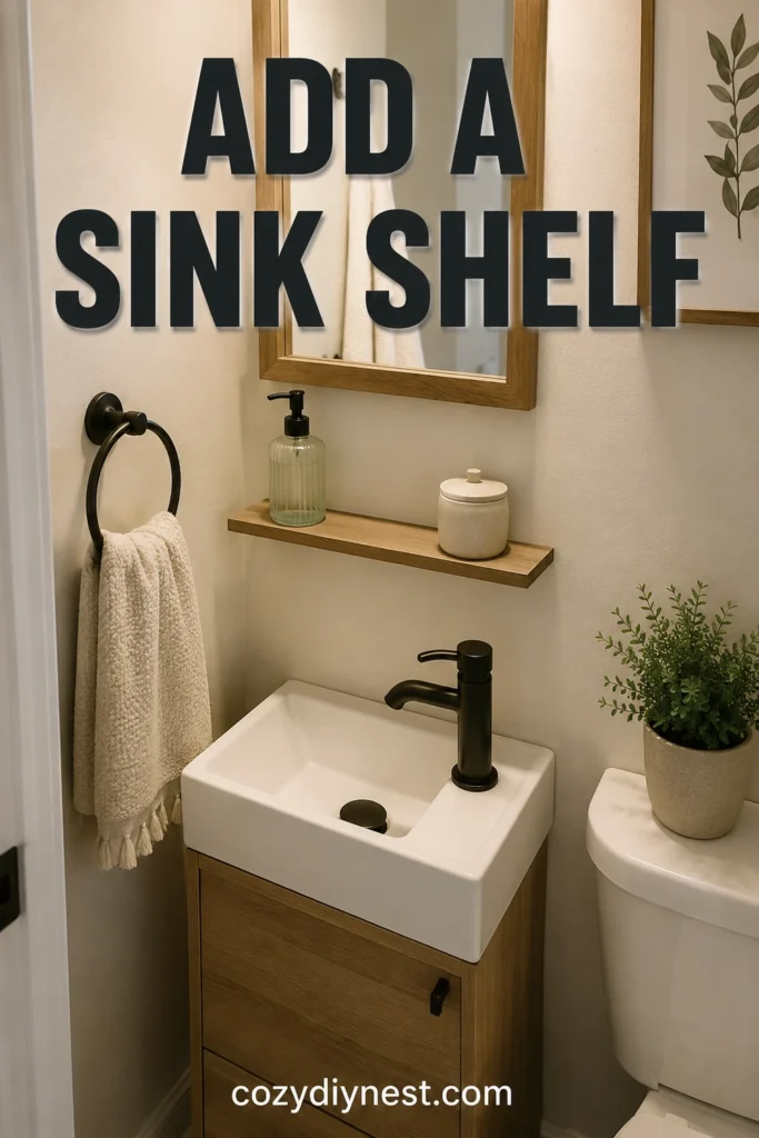tiny bathroom ideas with narrow shelf above sink