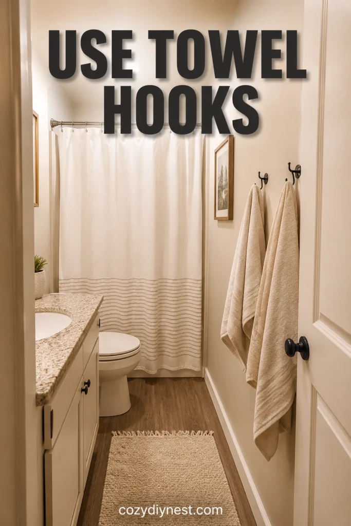 tiny bathroom ideas with towel hooks instead of towel bars