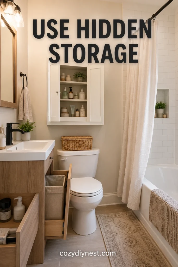 tiny bathroom ideas with hidden storage and clean surfaces