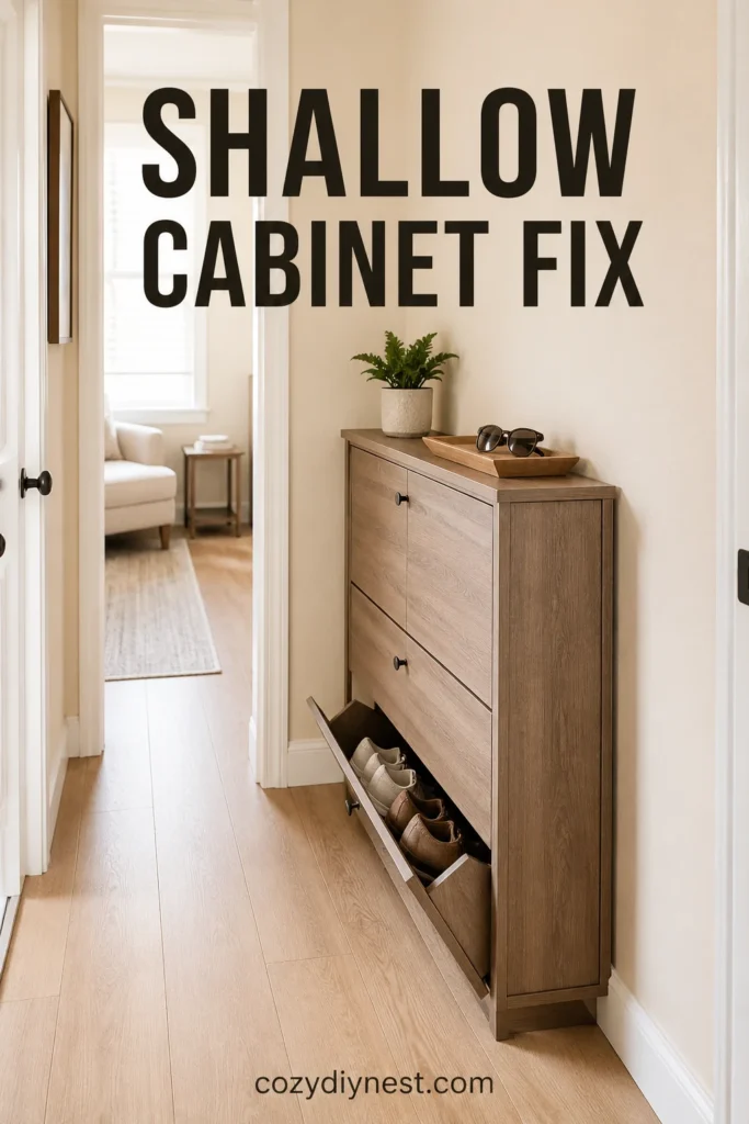 small hallway storage ideas using a shallow shoe cabinet to hide shoes without blocking the path