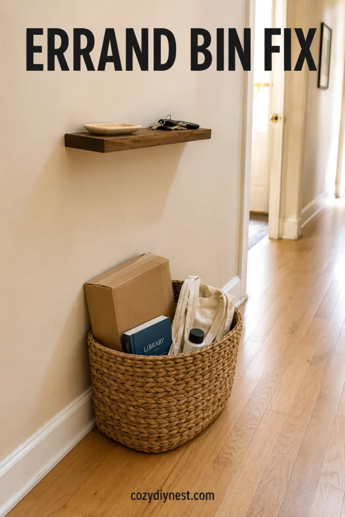 small hallway storage ideas using an errand bin for returns packages and outgoing items