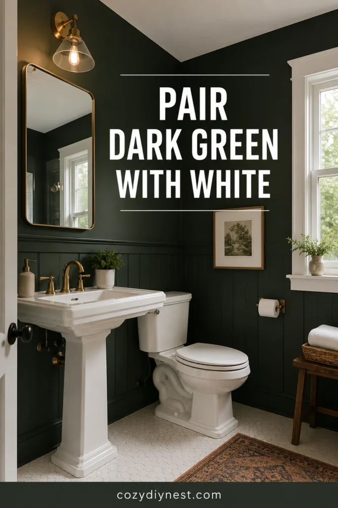 green bathroom ideas with dark green walls and white fixtures