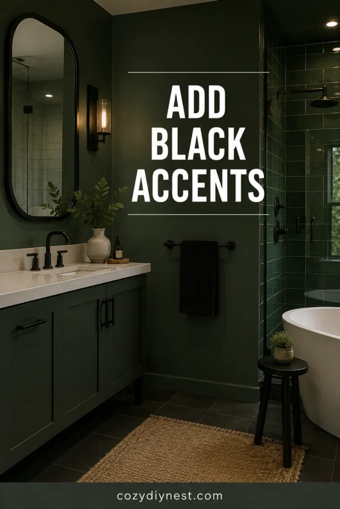 green bathroom ideas with dark green finishes and black accents