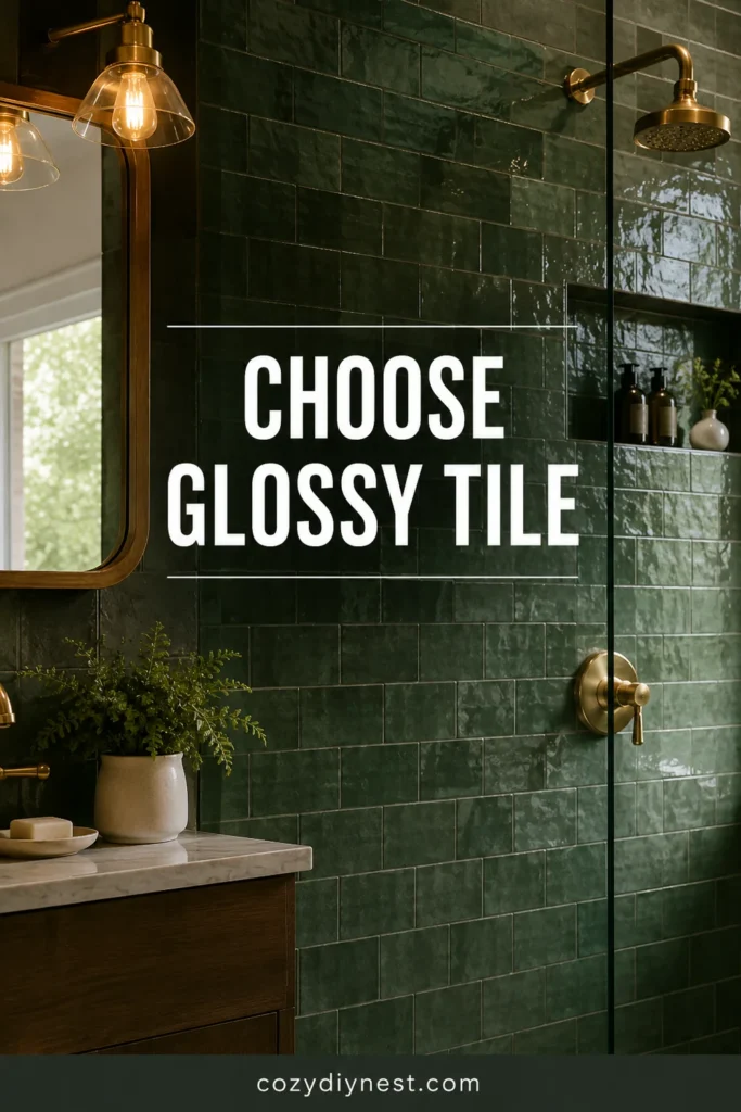 green bathroom ideas with glossy green zellige style tile