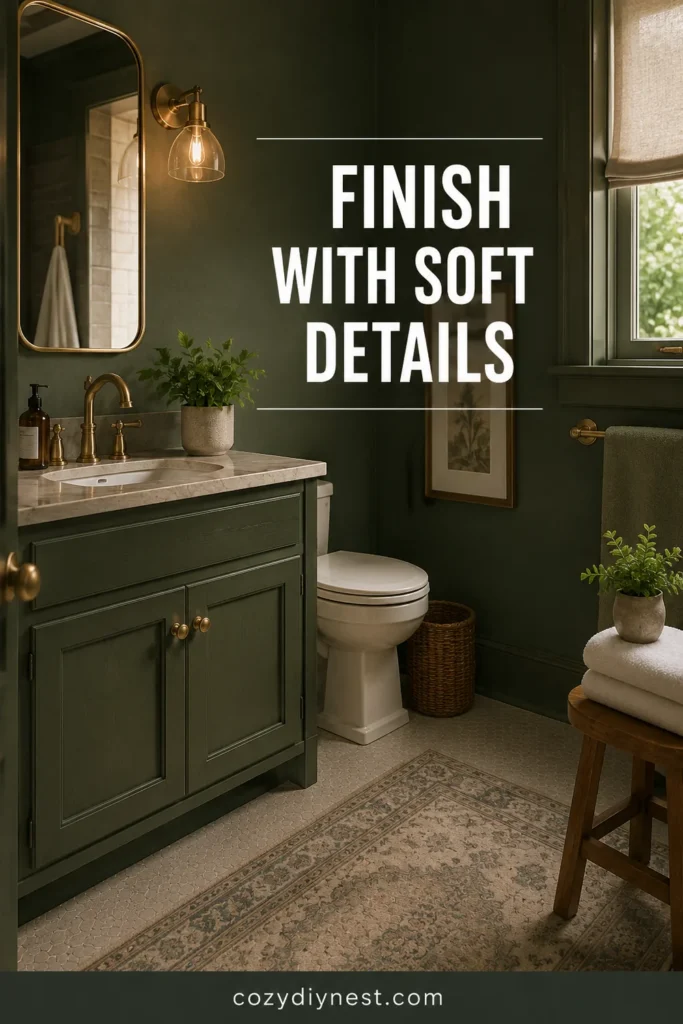 green bathroom ideas finished with plants brass and soft texture