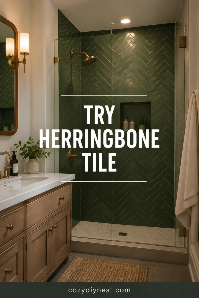 green bathroom ideas with green herringbone bathroom tile