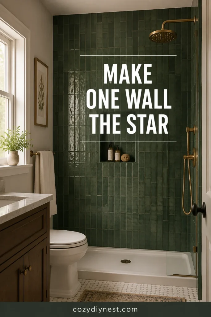 green bathroom ideas with a full green tile shower wall