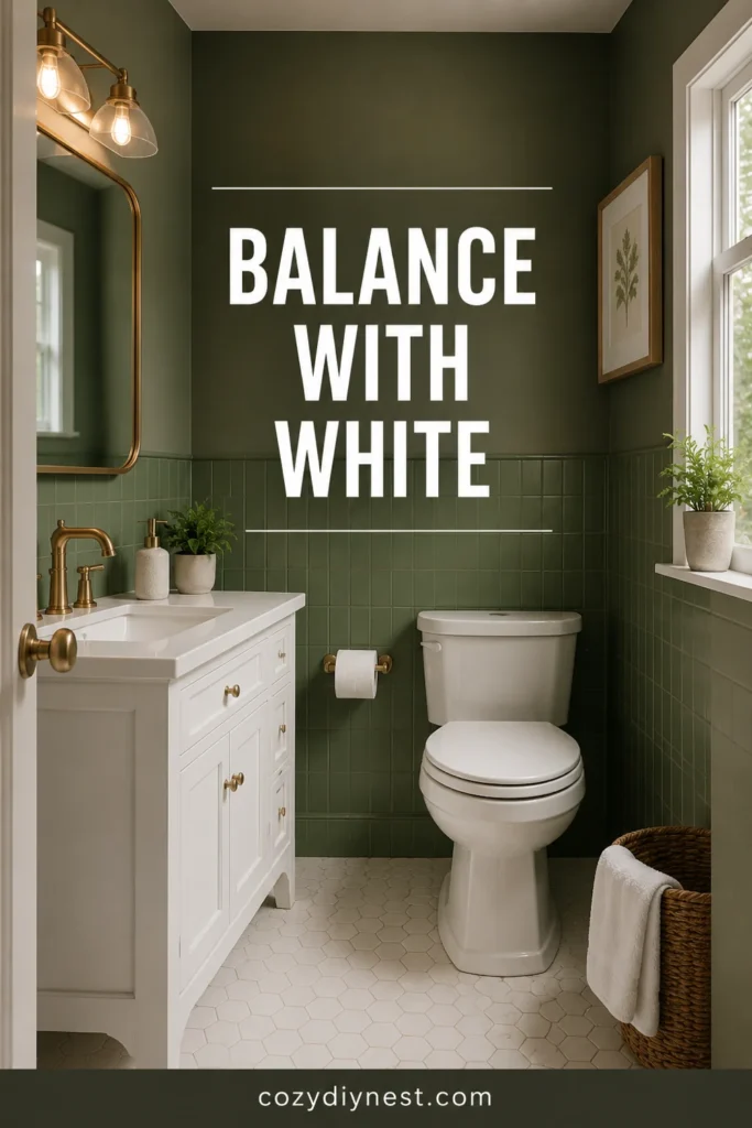green bathroom ideas balanced with white in a small bathroom