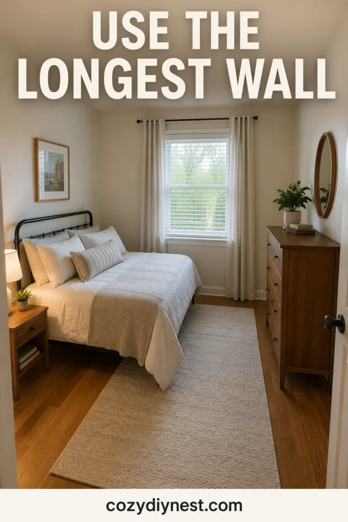 small bedroom layout ideas with the bed placed on the longest wall and a clear walking path