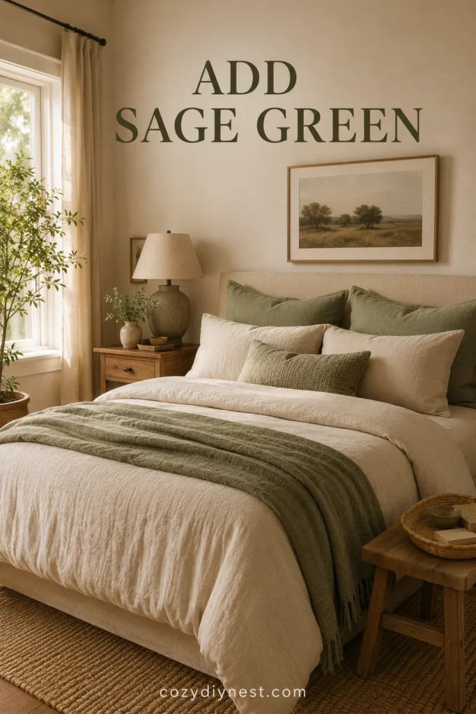 Earthy Bedroom Ideas: 21 Warm Ways to Make Your Room Feel Natural and Cozy 2 earthy bedroom ideas with sage green bedding cream layers warm wood and plants