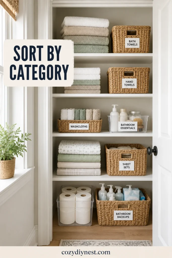 Linen Closet Organization Ideas: 21 Smart Ways to Organize Towels, Sheets, Bins, and Bathroom Essentials 2 linen closet organization ideas with towels sheets washcloths toilet paper and bathroom essentials sorted by category