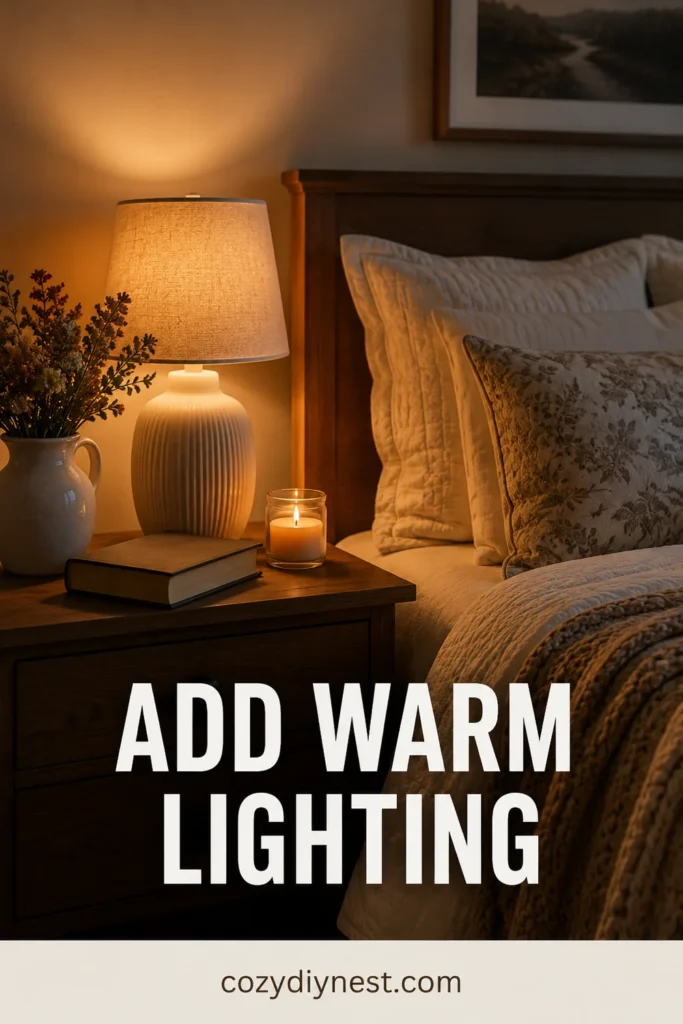 cozy bedroom ideas with warm bedside lighting ribbed ceramic lamp and soft bedding