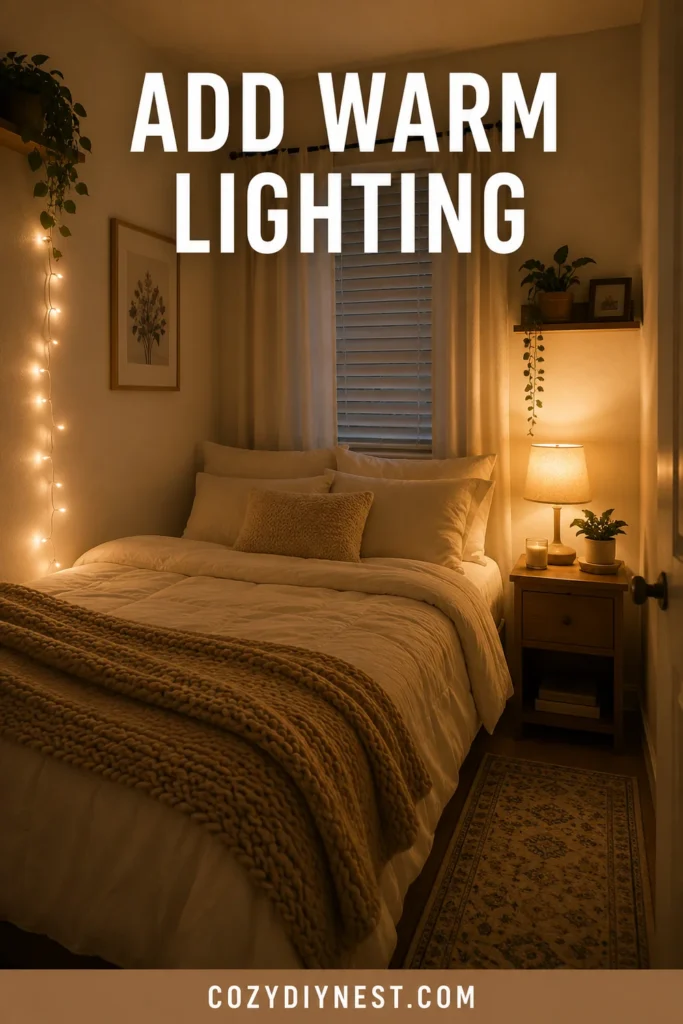 Small Cozy Bedroom Ideas: 19 Warm Ways to Make a Tiny Room Feel Inviting 2 small cozy bedroom ideas with warm bedside lighting string lights and cream bedding