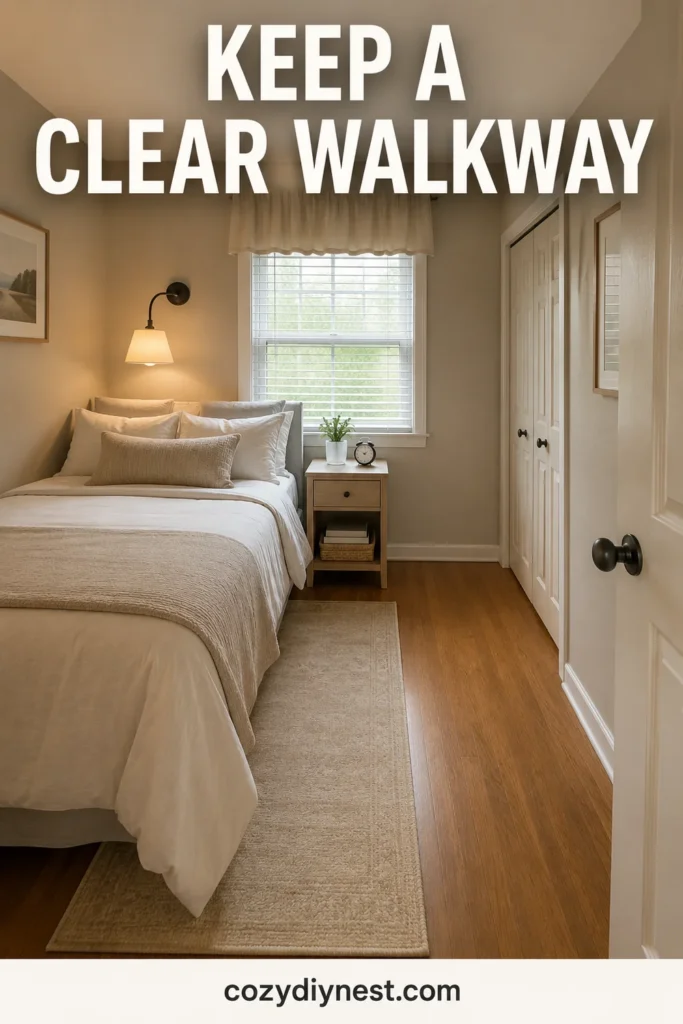 small bedroom layout ideas with one clear walkway beside the bed