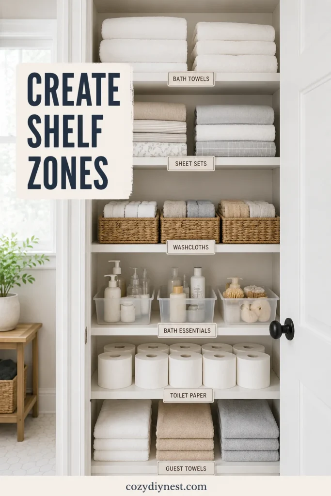 Linen Closet Organization Ideas: 21 Smart Ways to Organize Towels, Sheets, Bins, and Bathroom Essentials 3 linen closet organization ideas with clear zones for towels sheets washcloths bathroom products and toilet paper