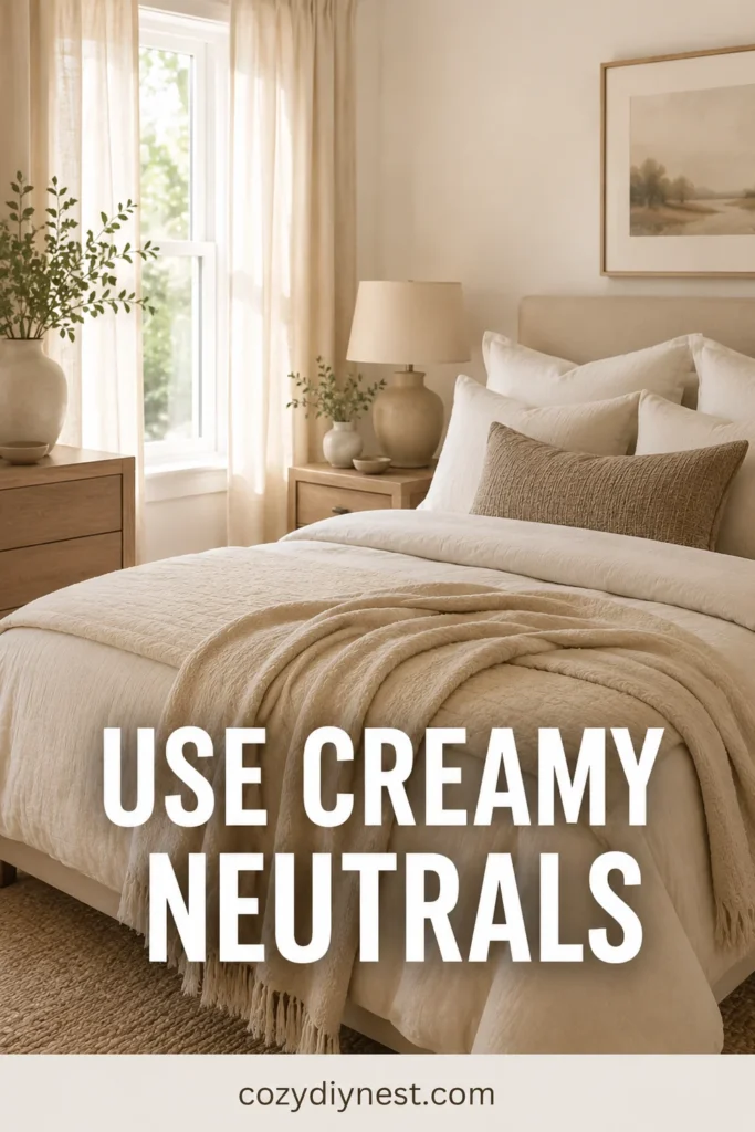 cozy bedroom ideas with creamy neutral bedding beige pillows and soft warm colors