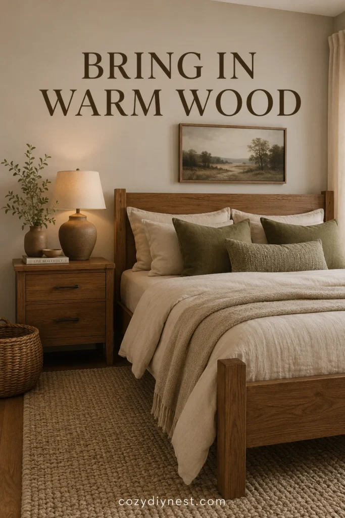Earthy Bedroom Ideas: 21 Warm Ways to Make Your Room Feel Natural and Cozy 3 earthy bedroom ideas with warm wood bed frame cream bedding olive pillows and rattan basket