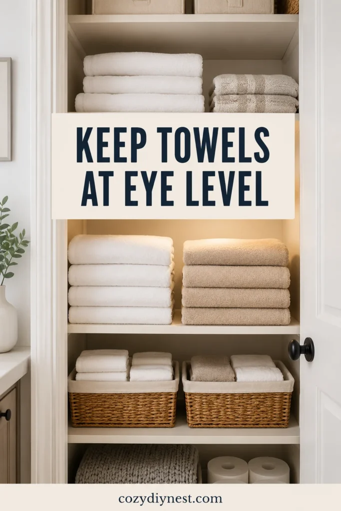 Linen Closet Organization Ideas: 21 Smart Ways to Organize Towels, Sheets, Bins, and Bathroom Essentials 4 linen closet organization ideas with everyday towels folded at eye level baskets below and extra towels above