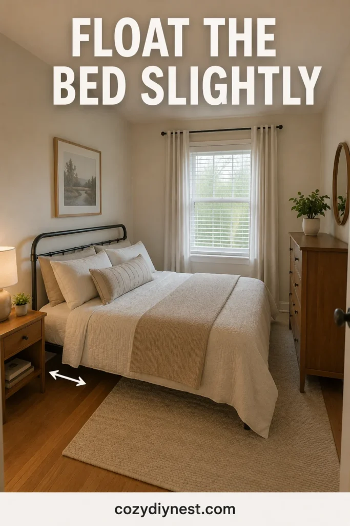 small bedroom layout ideas with the bed slightly pulled away from the wall