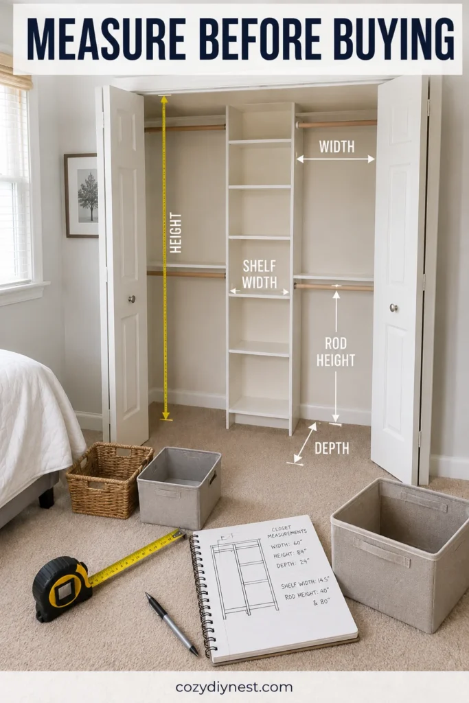 Closet Organization Ideas: 31 Smart Ways to Maximize Clothes, Shoes, Shelves, and Storage 4 closet organization ideas with tape measure notebook closet shelves rods and bins before buying organizers