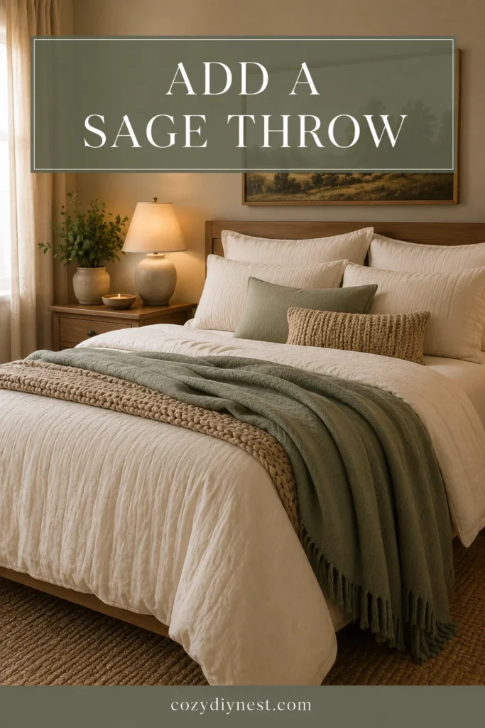 sage green bedroom ideas with a sage throw blanket cream bedding warm wood and soft lamp light