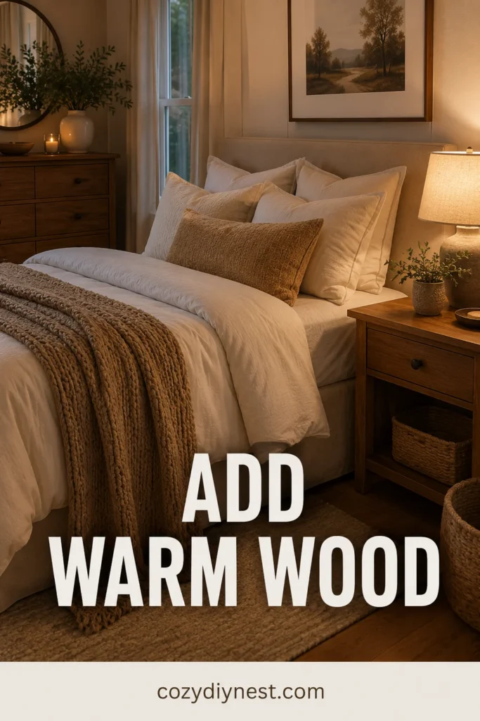 cozy bedroom ideas with warm wood nightstand light bedding and natural textures