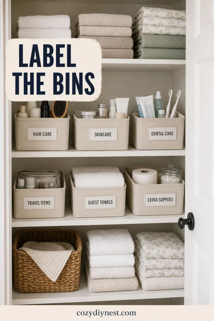 Linen Closet Organization Ideas: 21 Smart Ways to Organize Towels, Sheets, Bins, and Bathroom Essentials 5 linen closet organization ideas with labeled bins for hair care skincare dental care travel items and extra supplies