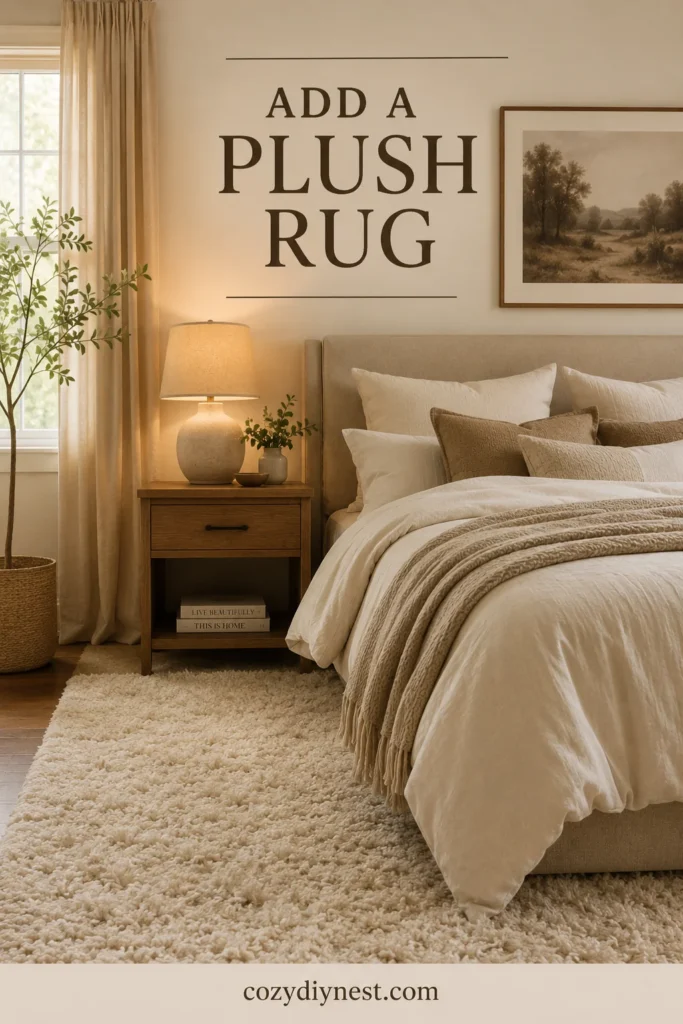 cozy bedroom ideas aesthetic with a plush cream rug layered bedding and warm lamp
