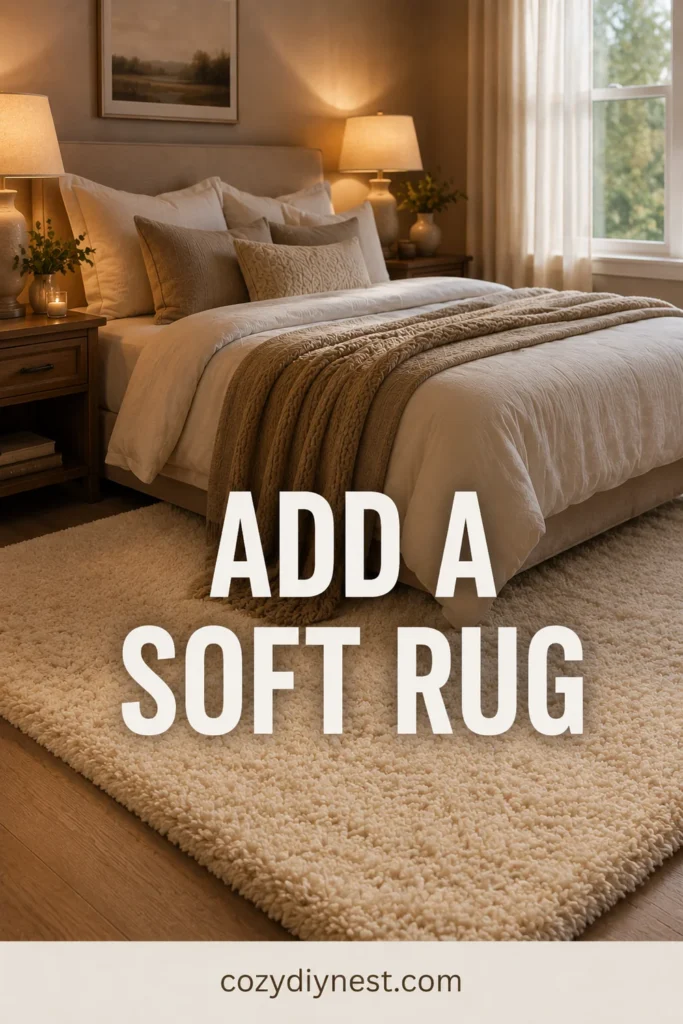 cozy bedroom ideas with a soft cream rug under the bed and warm neutral bedding