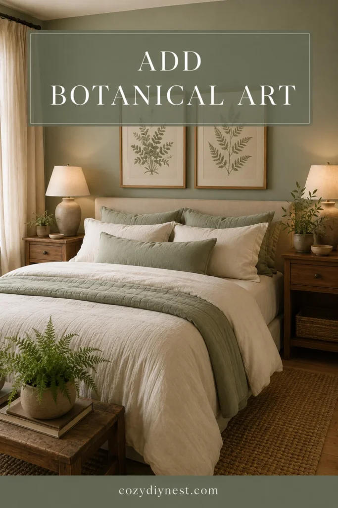 sage green bedroom ideas with botanical wall art sage pillows cream bedding and warm wood furniture
