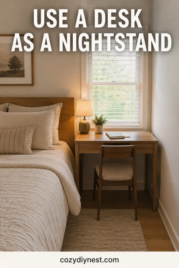 small bedroom layout ideas with a small desk beside the bed as a nightstand