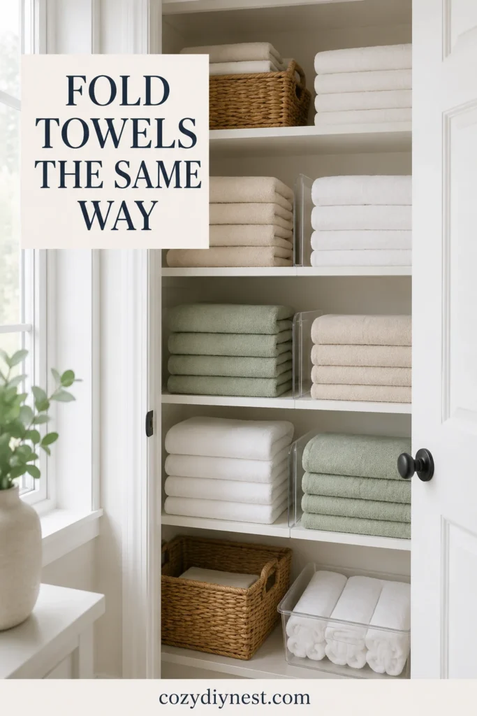Linen Closet Organization Ideas: 21 Smart Ways to Organize Towels, Sheets, Bins, and Bathroom Essentials 6 linen closet organization ideas with neatly folded towels in white beige and sage stacks on closet shelves