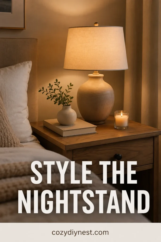 cozy bedroom ideas with a minimal nightstand warm lamp book candle and soft bedding