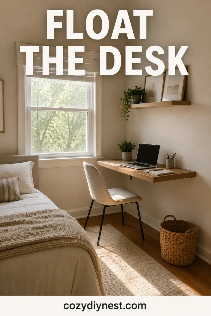 small bedroom layout ideas with a floating desk near a window