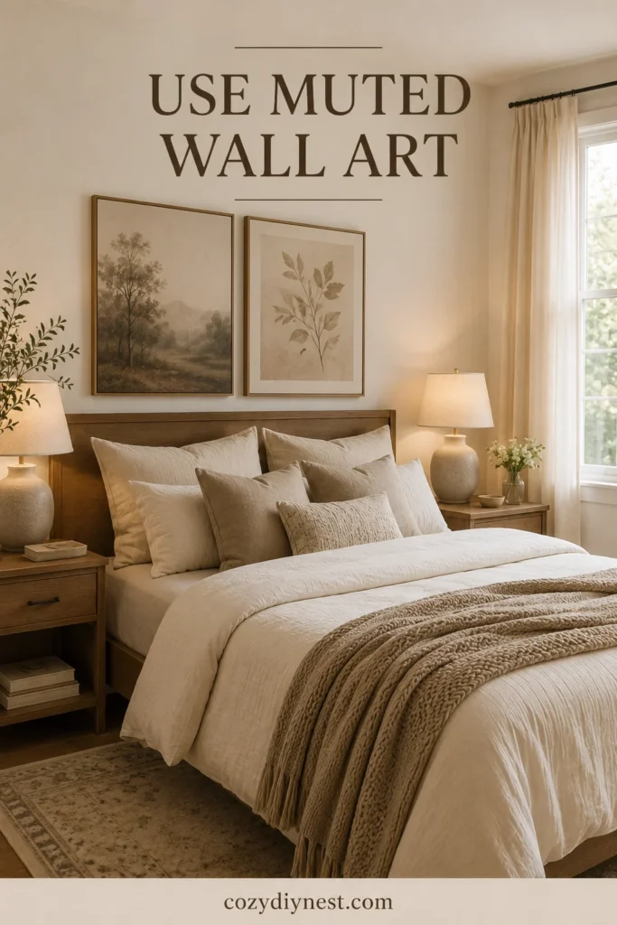 cozy bedroom ideas aesthetic with muted wall art cream bedding and warm light