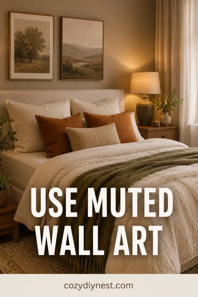 cozy bedroom ideas with muted wall art above the bed and warm neutral bedding