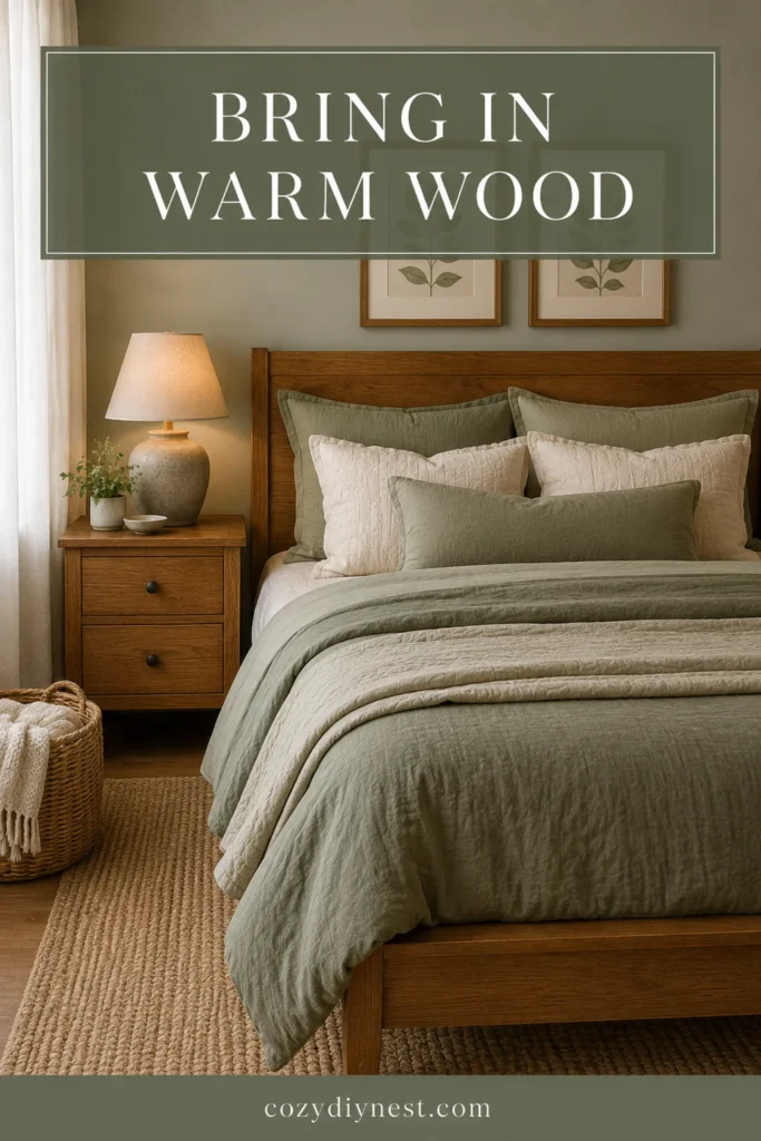 sage green bedroom ideas with warm wood furniture sage bedding cream pillows and rattan basket