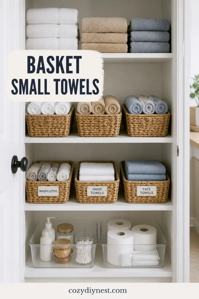 Linen Closet Organization Ideas: 21 Smart Ways to Organize Towels, Sheets, Bins, and Bathroom Essentials 8 linen closet organization ideas with woven baskets for rolled washcloths hand towels and face towels
