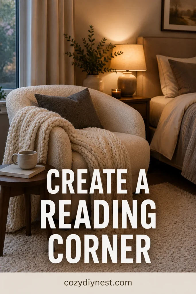 cozy bedroom ideas with a boucle chair reading corner warm lamp and soft throw