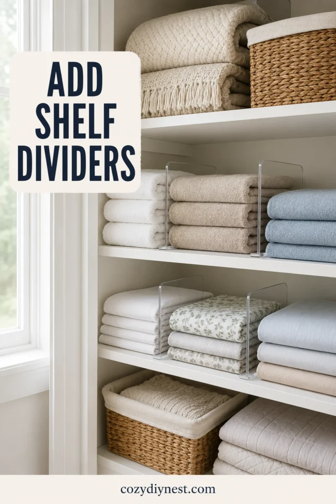 Linen Closet Organization Ideas: 21 Smart Ways to Organize Towels, Sheets, Bins, and Bathroom Essentials 9 linen closet organization ideas with shelf dividers separating stacks of towels sheets and blankets