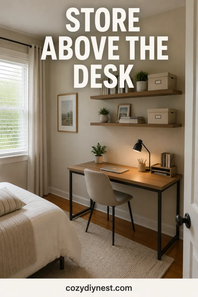 small bedroom layout ideas with shelves above a desk instead of a bookcase