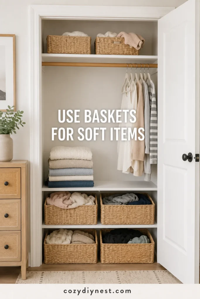 small closet organization ideas with woven baskets for scarves pajamas workout clothes and sweaters