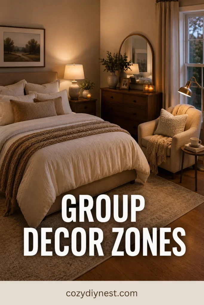 cozy bedroom ideas with grouped decor zones nightstand reading corner dresser and bed