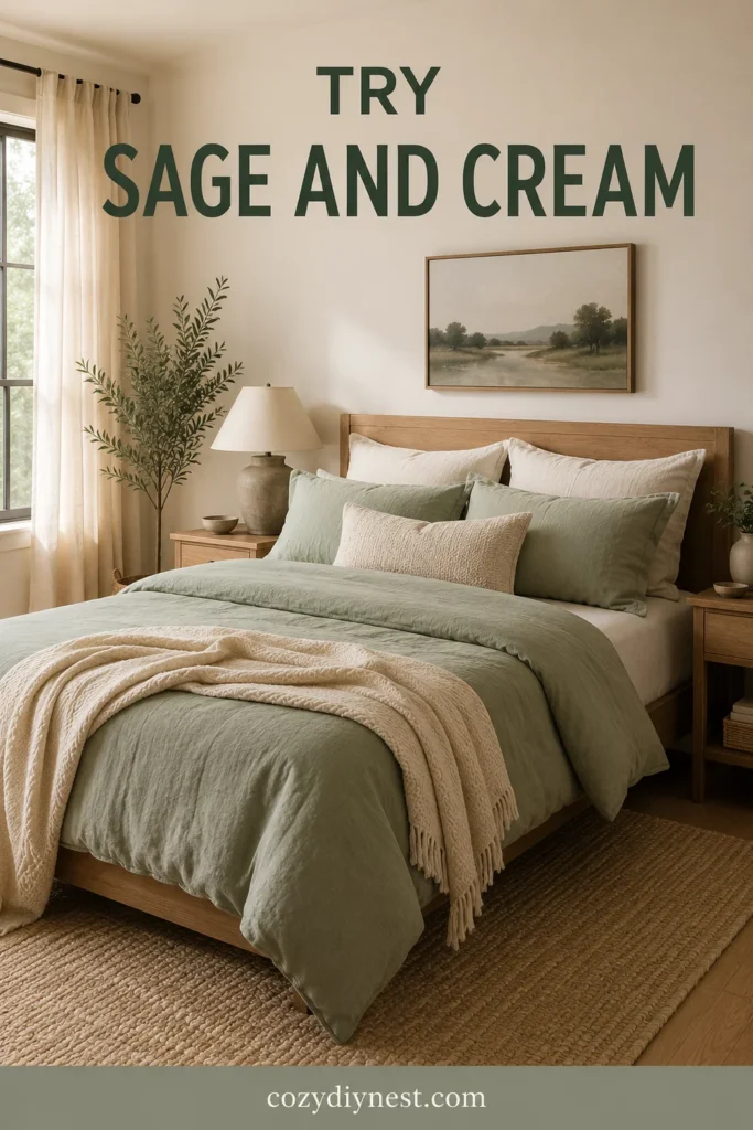 sage green bedroom ideas with sage bedding cream walls cream pillows and warm beige throw
