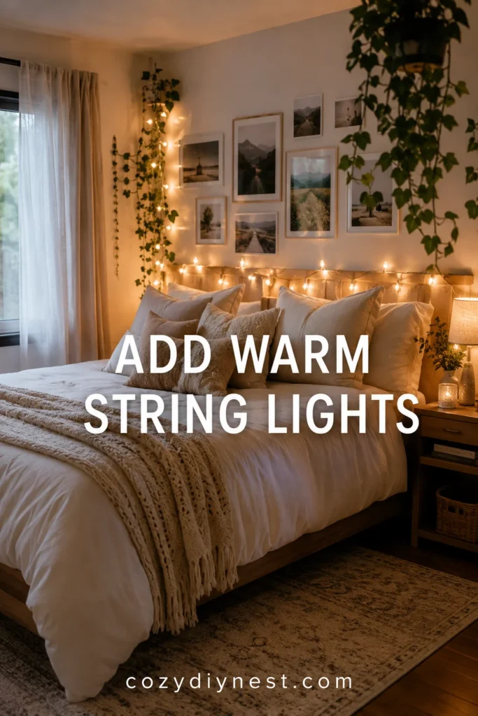 cozy bedroom ideas with warm string lights cream bedding and trailing ivy