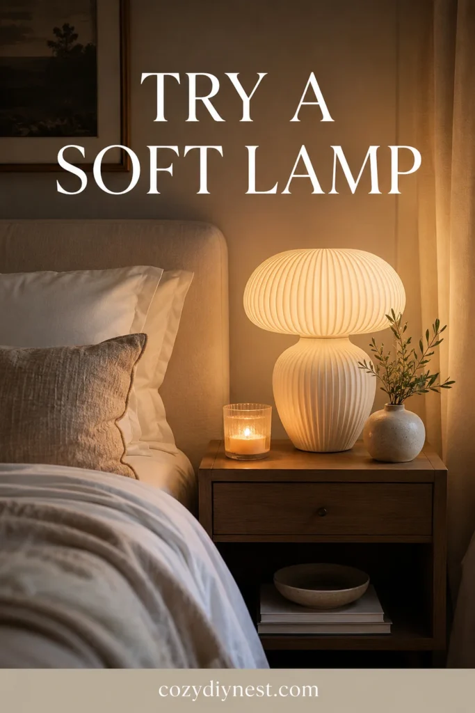 cozy bedroom ideas with a ribbed ceramic lamp warm glow and soft bedding