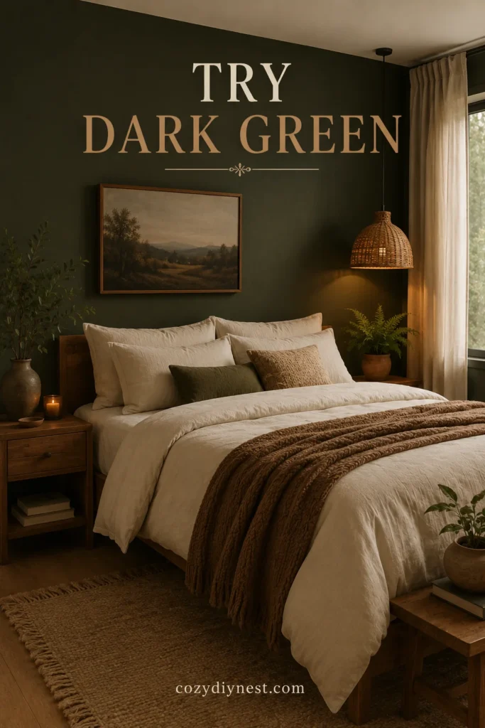 Earthy Bedroom Ideas: 21 Warm Ways to Make Your Room Feel Natural and Cozy 13 earthy bedroom ideas with dark green wall cream bedding warm brown throw and plants